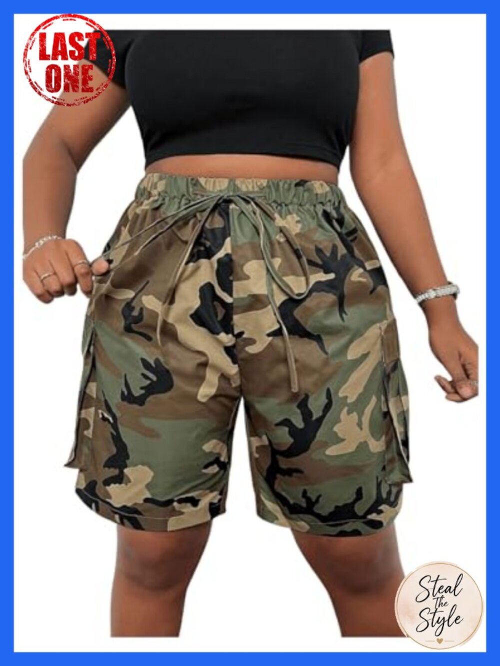Women's Plus Size Camo Cargo Shorts with Drawstring Waist High Rise Stretch
